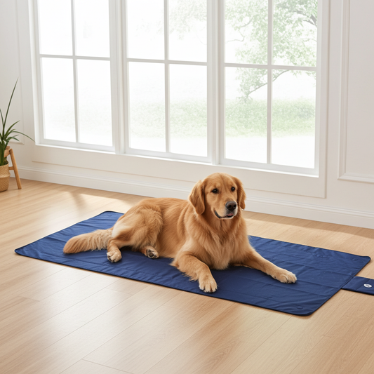 Dog lying on a blue mat in a room with large windows.