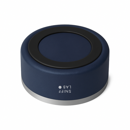 Blue dog bowl with silver rim and 'Sniff Lab' branding on a white background