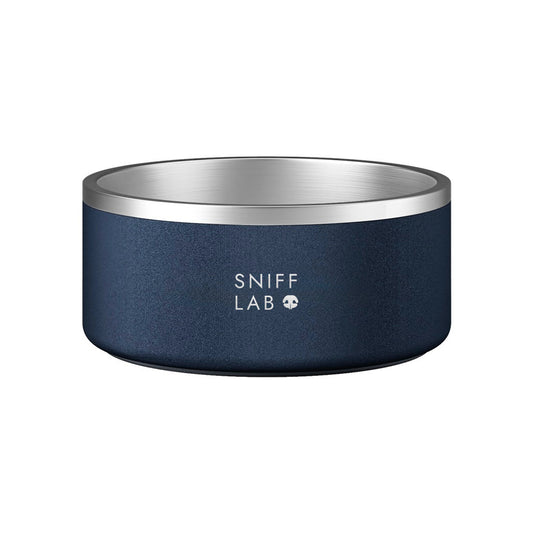 Blue dog bowl with silver rim and 'Sniff Lab' branding on a white background