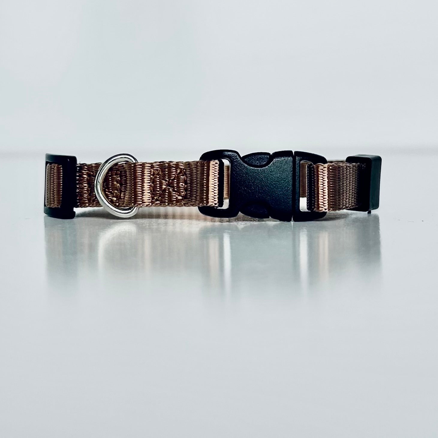 Bronze brown dog collar with a black buckle on a light grey background